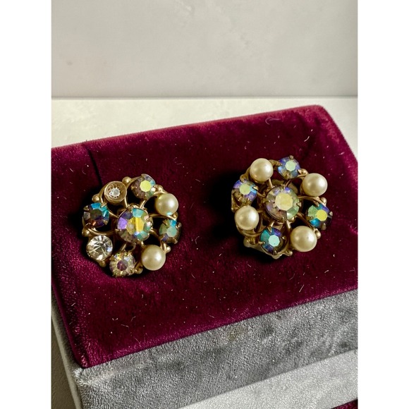 Vintage Jewelry - Vintage Blue AB Rhinestone Faux Pearl Gold Tone Clip On Cluster Earrings